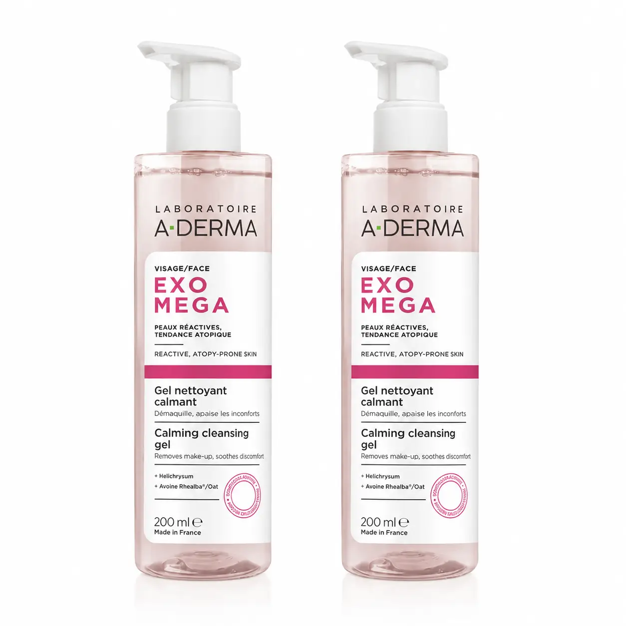 A-Derma Exomega Gel Limpiador Facial Calmante, 200 ml, pack 2