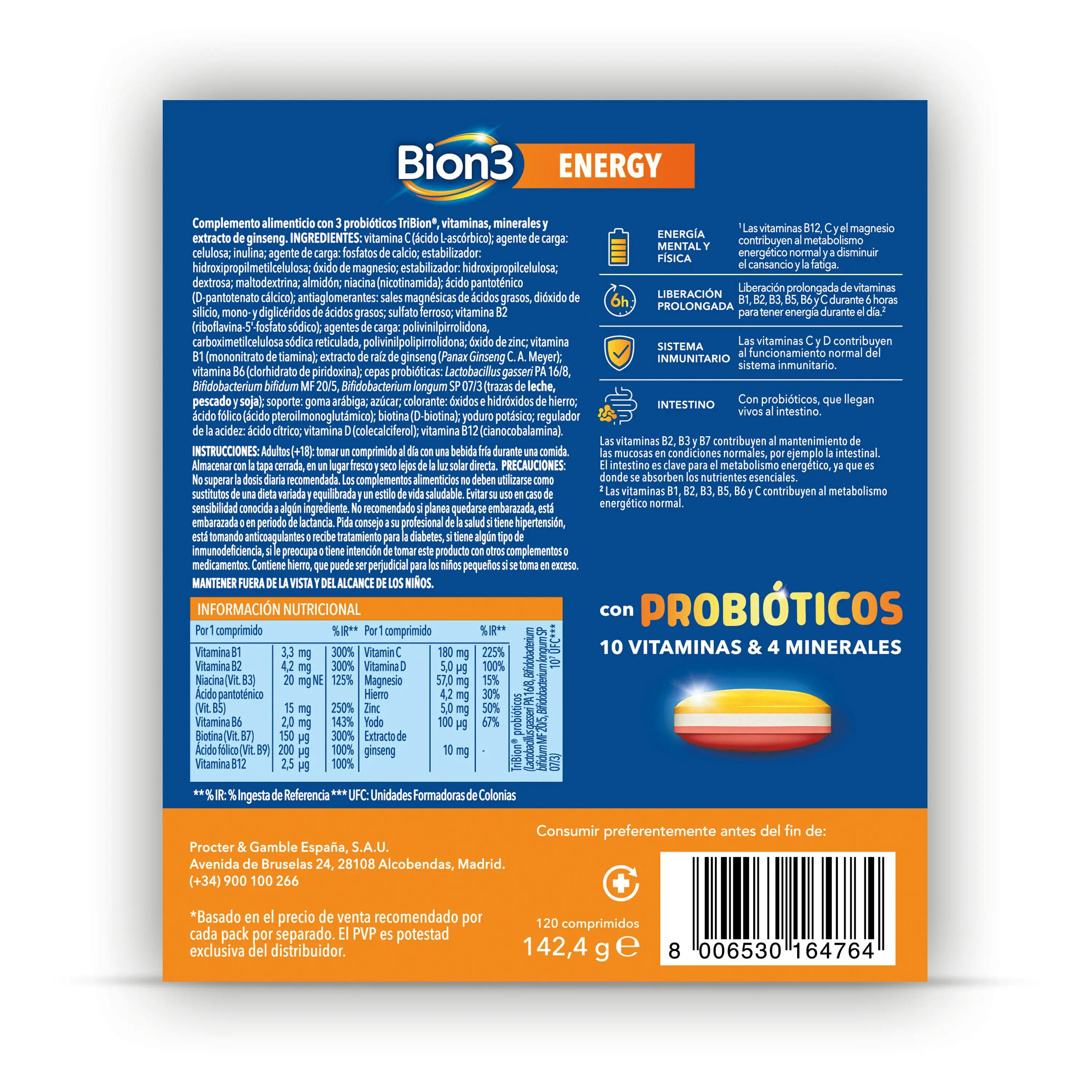 Bion3 Energy Comprimidos Multivitamínicos Con Probióticos, 120 comprimidos - Image 4