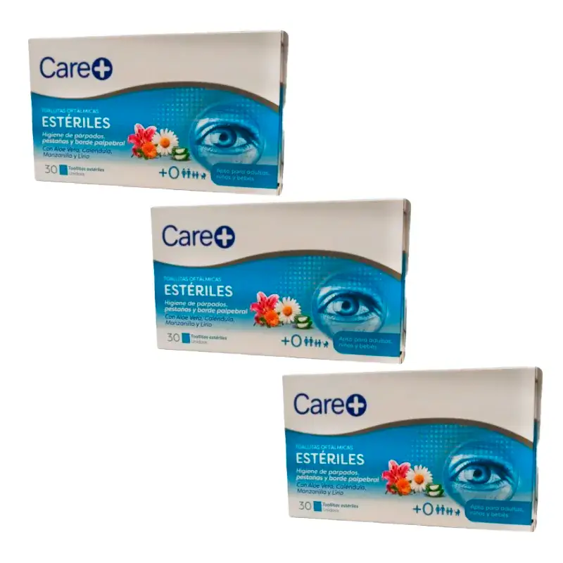 Care+ Toallitas Oftálmicas Esteriles, Pack 3 x 30 Unidades