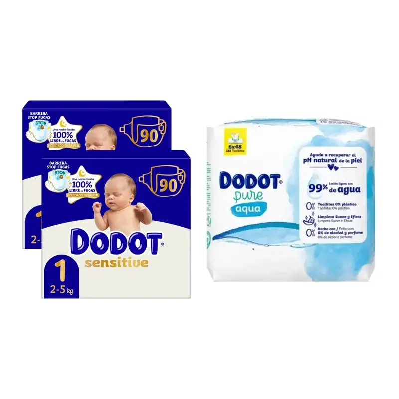 Dodot Pañal Sensitive Jumbo Pack Talla 1, 2x90 Unidades + Toallitas Aqua Plastic Free Box 6X48 (288 Unidades)