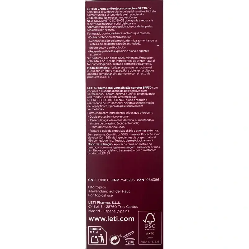 Leti Sr Antiredness Corrective Cream Spf30 Con Color , 40 ml - Image 3