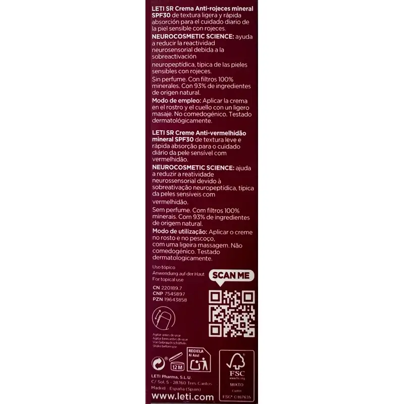 Leti Sr Antiredness Mineral Cream Spf30 , 40 ml - Image 3