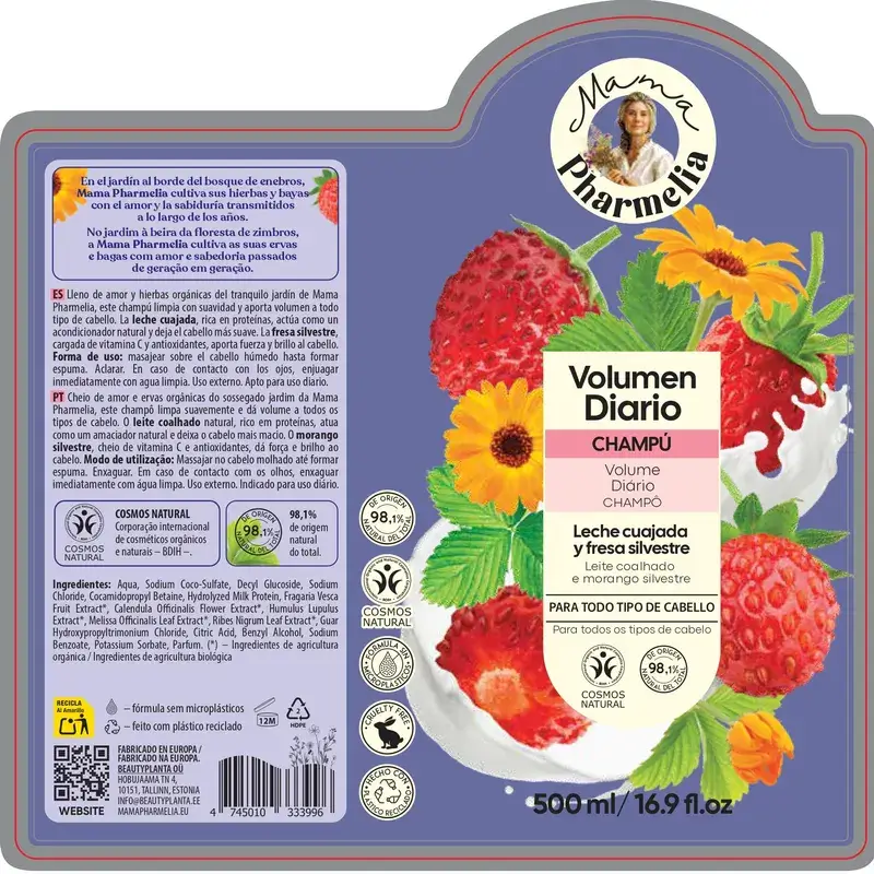 Mama Pharmelia Champú De Volumen Diario Leche Cuajada Y Fresa Silvestre, 500Ml - Image 2