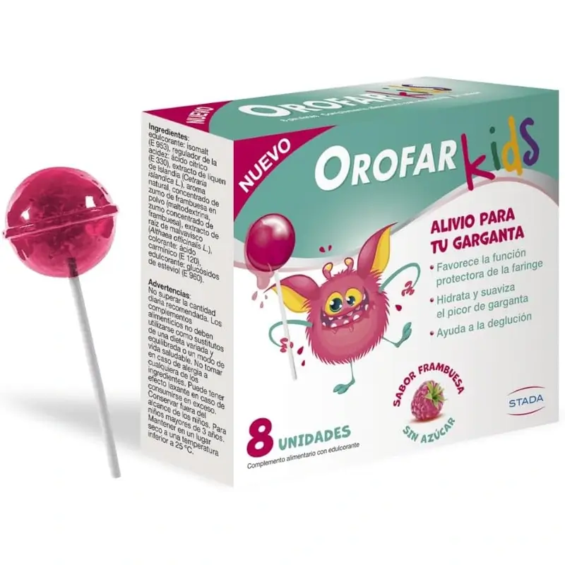 Orofar Kids Piruletas Para Picor De Garganta Sabor Frambuesa Sin Azúcar , 8 piruletas