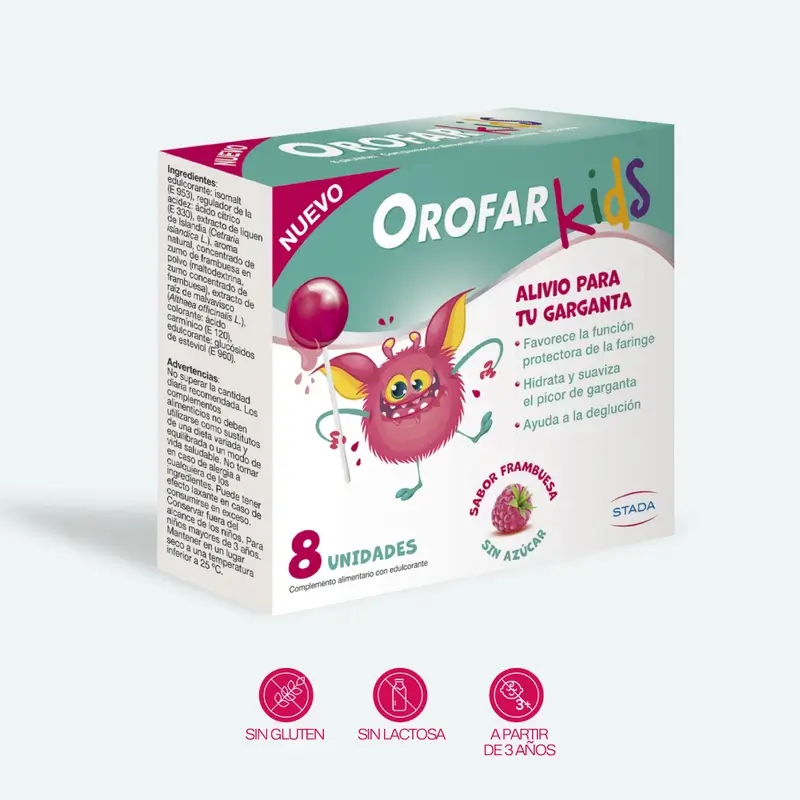 Orofar Kids Piruletas Para Picor De Garganta Sabor Frambuesa Sin Azúcar , 8 piruletas - Image 2