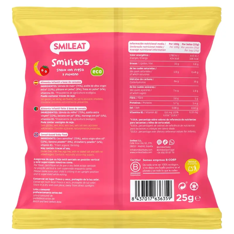 Smileat Smilitos Gusanitos De Fresa Y Plátano Eco , 25 gr - Image 2