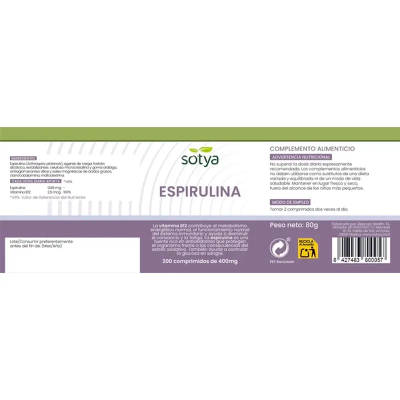Sotya Espirulina + B12 400 Mg , 200 cápsulas - Image 4
