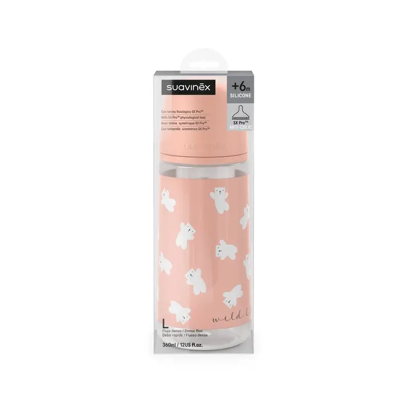 Suavinex Biberón Tetina Sx Pro De Flujo Denso (L) +6 Meses Wild&Free Rosa, 360 ml - Image 6