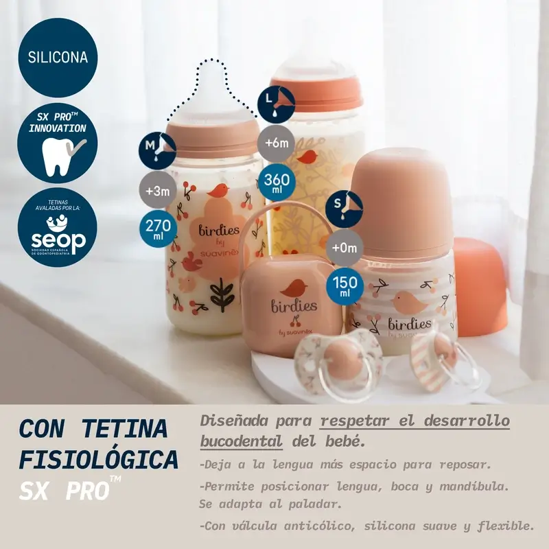 Suavinex Biberón Tetina Sx Pro Flujo Denso (L) +6 Meses Birdies Rosa, 360 ml - Image 2