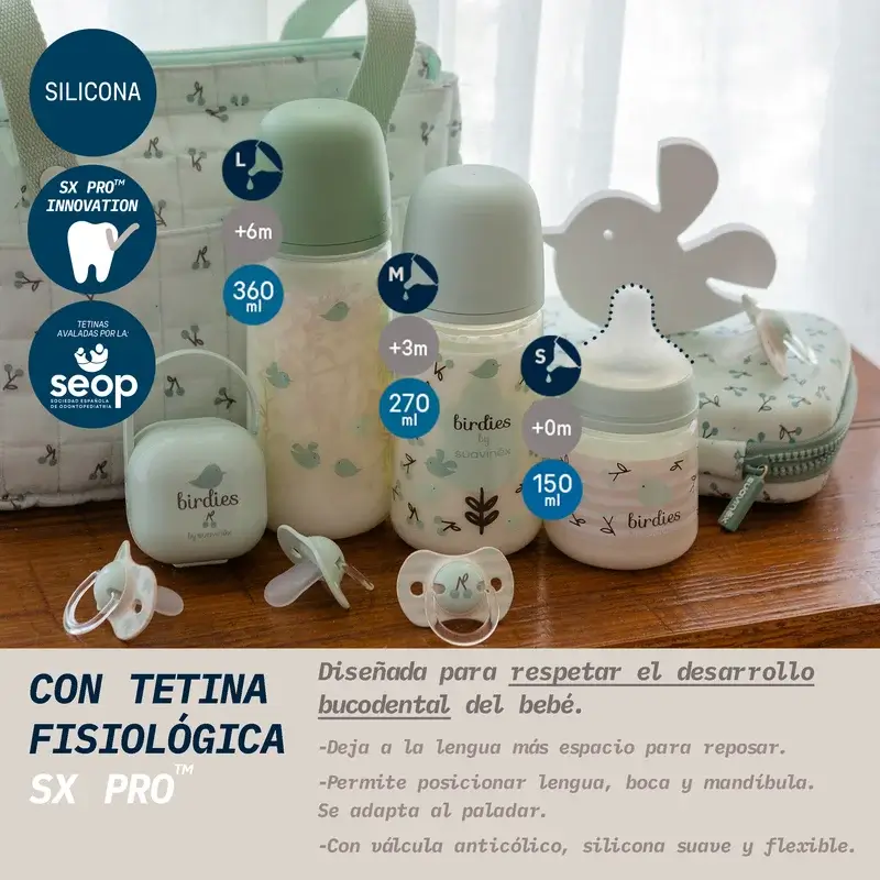 Suavinex Biberón Tetina Sx Pro Flujo Denso (L) +6 Meses Birdies Verde, 360 ml - Image 3