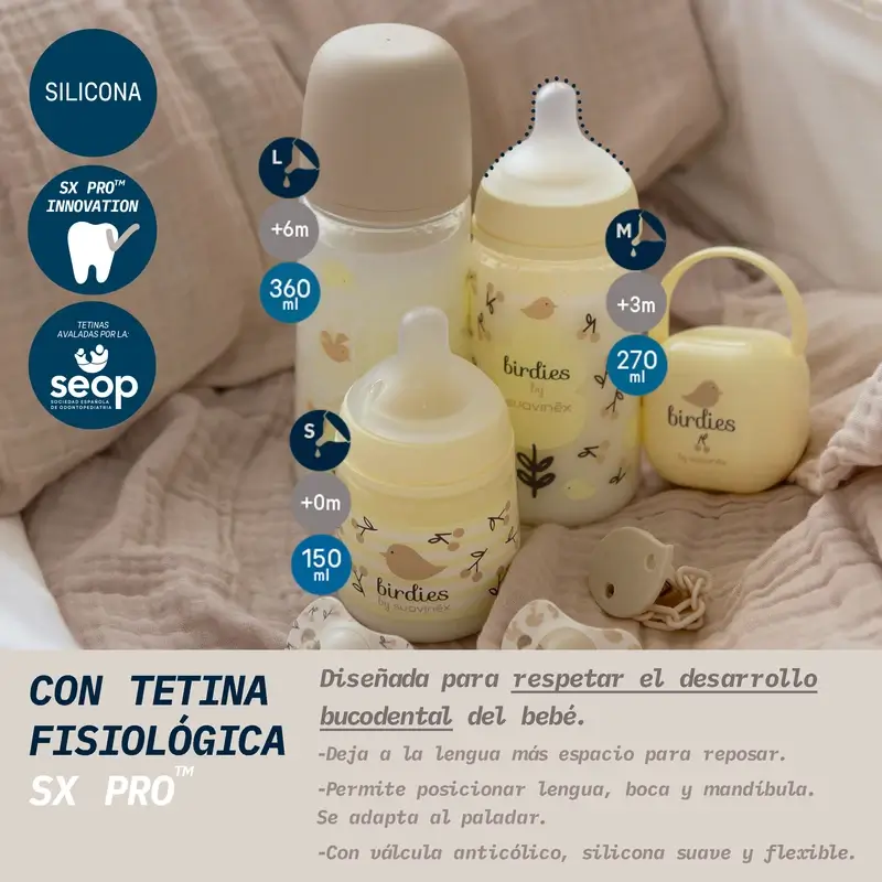 Suavinex Biberón Tetina Sx Pro Flujo Lento (S) +0 Meses Birdies Beige, 150 ml - Image 2