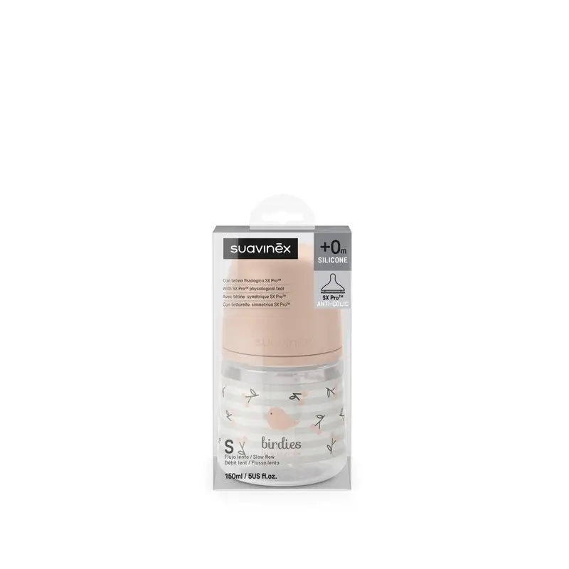 Suavinex Biberón Tetina Sx Pro Flujo Lento (S) +0 Meses Birdies Rosa, 150 ml - Image 7