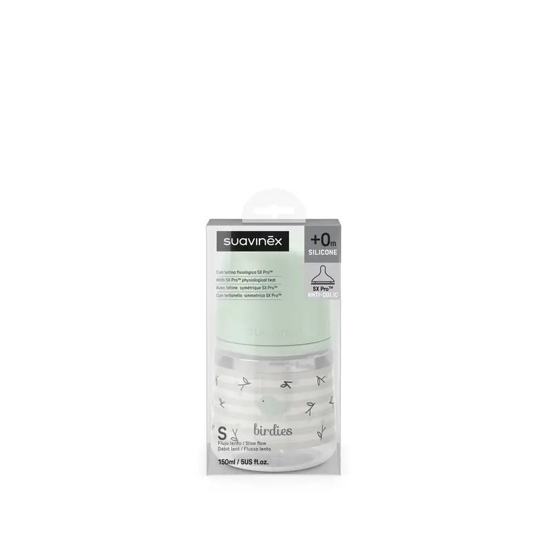 Suavinex Biberón Tetina Sx Pro Flujo Lento (S) +0 Meses Birdies Verde, 150 ml - Image 5
