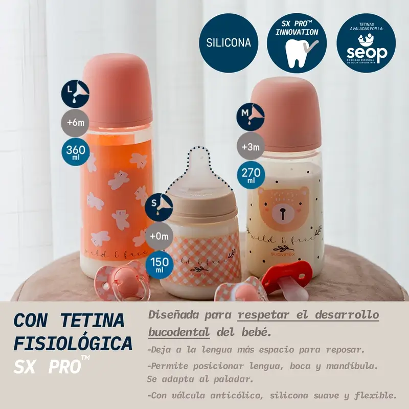 Suavinex Biberón Tetina Sx Pro Flujo Lento (S) +0 Meses Wild&Free Rosa, 150 ml - Image 3