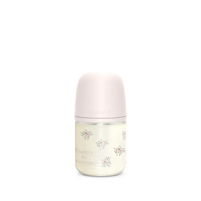 Suavinex Biberón Vidrio 120 Ml, Flujo Lento (S), +0 Meses, Poetry Rosa