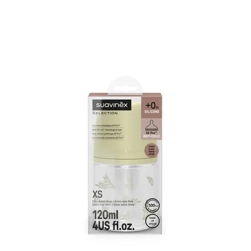 Suavinex Biberón Vidrio 120 Ml, Flujo Lento (S), +0 Meses, Poetry Verde - Image 3