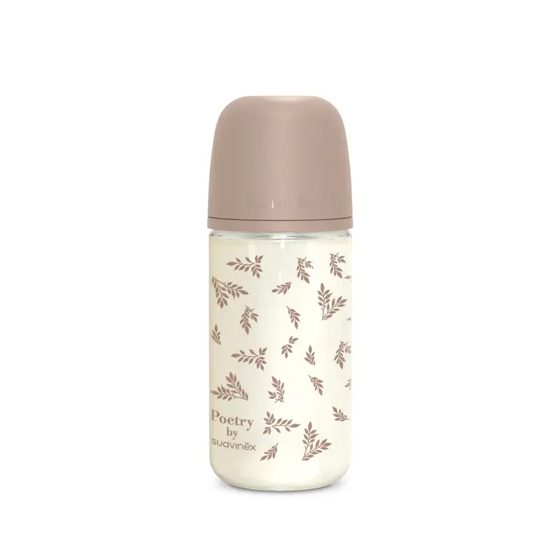Suavinex Biberón Vidrio 240 Ml, Flujo Medio (M), +3 Meses, Poetry Beige