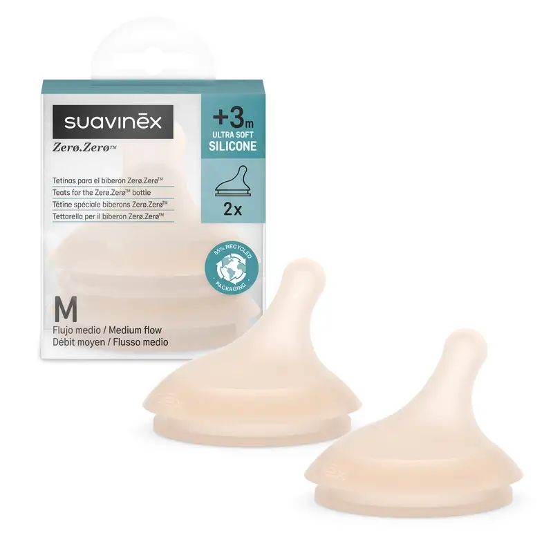 Suavinex Pack 2 Tetinas Zero Zero Flujo Medio (M), +3 Meses, Light