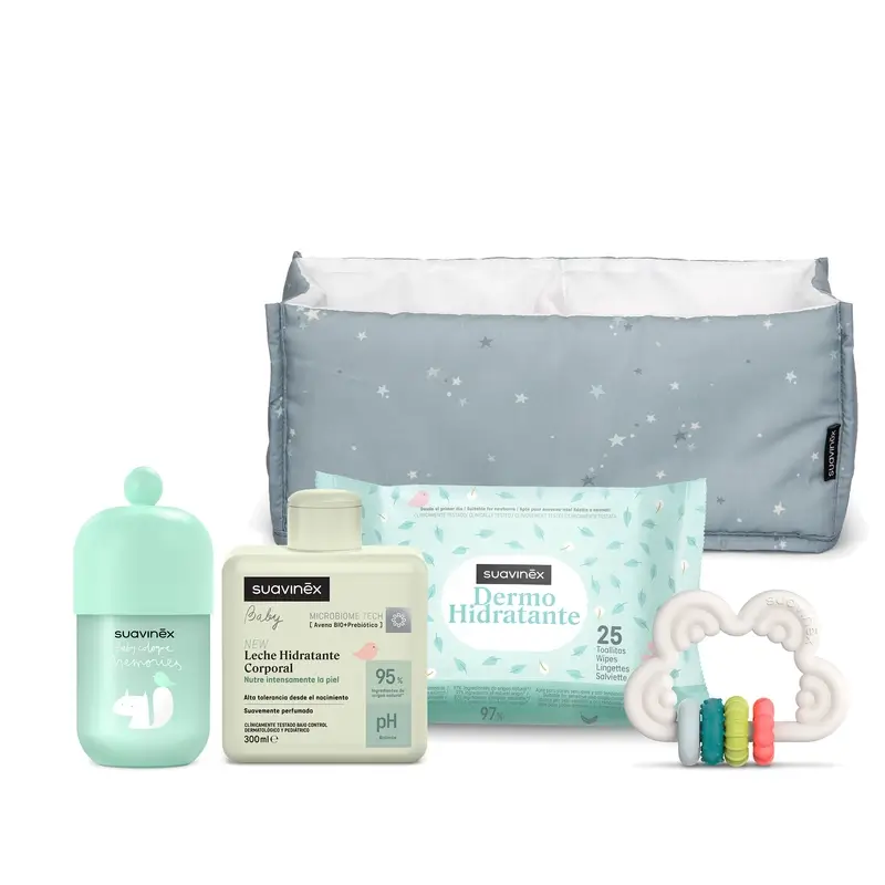 Suavinex Regalo Bebés Leche 300 Ml + Baby Cologne Memories 100 Ml + Toallitas + Mordedor, Azul