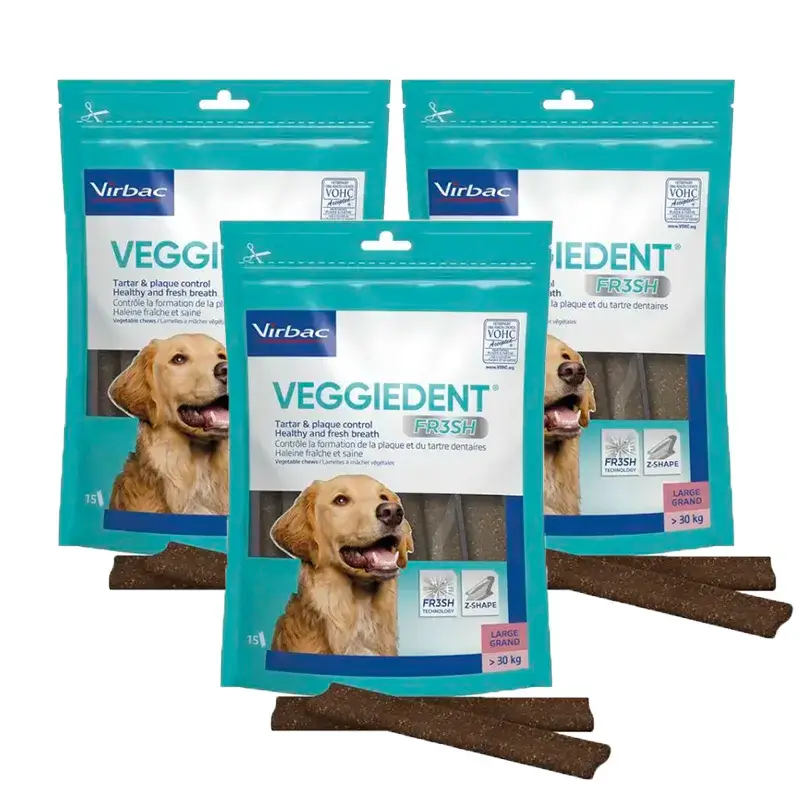Virbac Veggiedent Fr3sh L, Snacks Dentales Para Perros de Raza Grande, Pack 3 unidades
