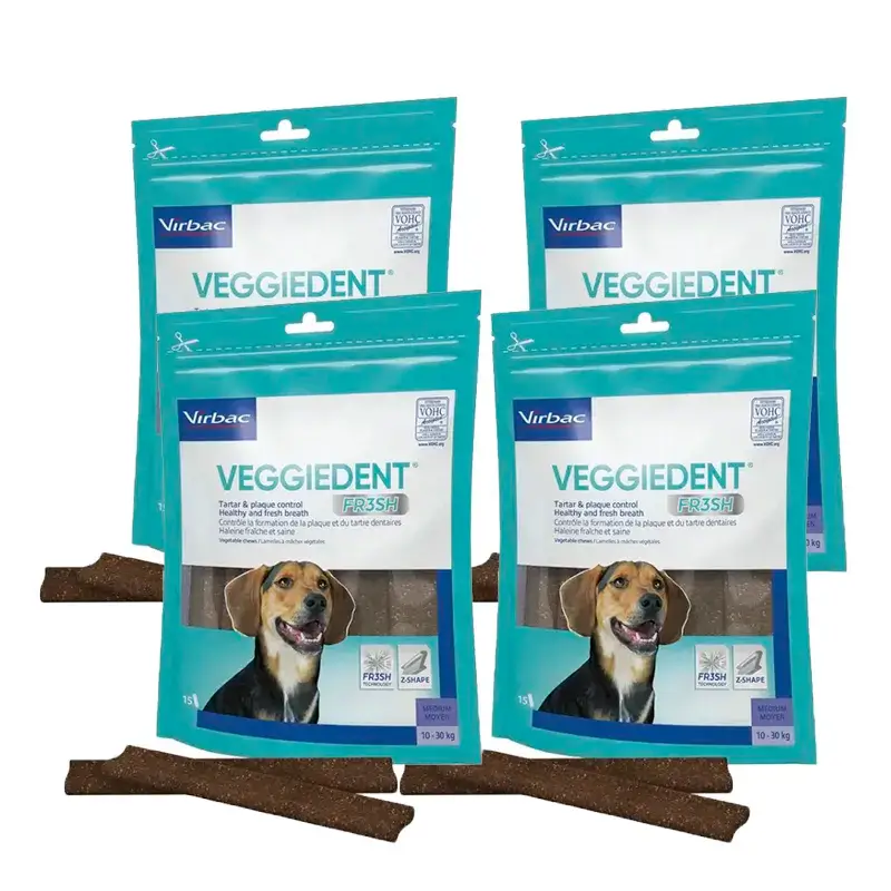 Virbac Veggiedent Fr3sh M, Snacks Dentales Para Perros De Raza Mediana, Pack 4 unidades