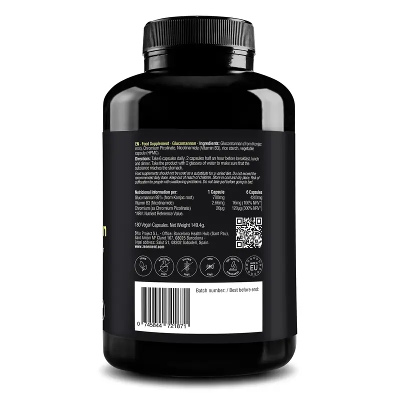 Zenement Glucomanano Saciante Natural, 180 cápsulas veganas - Image 3
