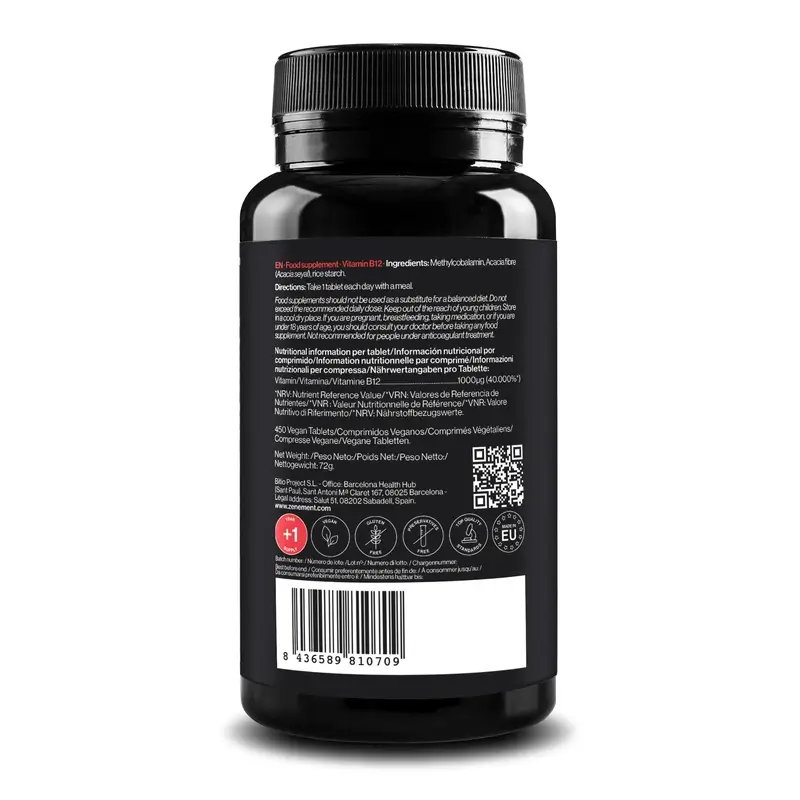 Zenement Vitamina B12 1000Mcg, 450 comprimidos veganos - Image 2